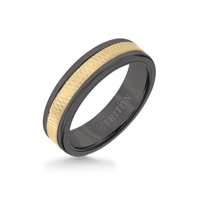 6MM Black Tungsten Carbide Ring - Criss Cross 14K Yellow Gold Insert with Round Edge