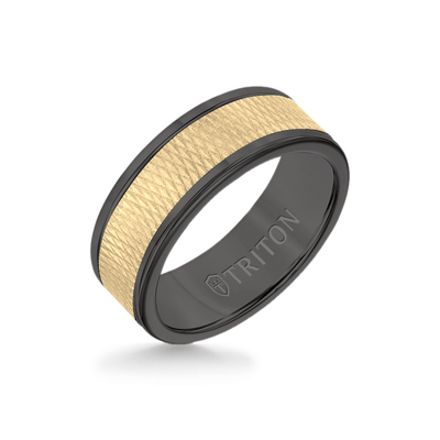 8MM Black Tungsten Carbide Ring - Criss Cross 14K Yellow Gold Insert with Round Edge