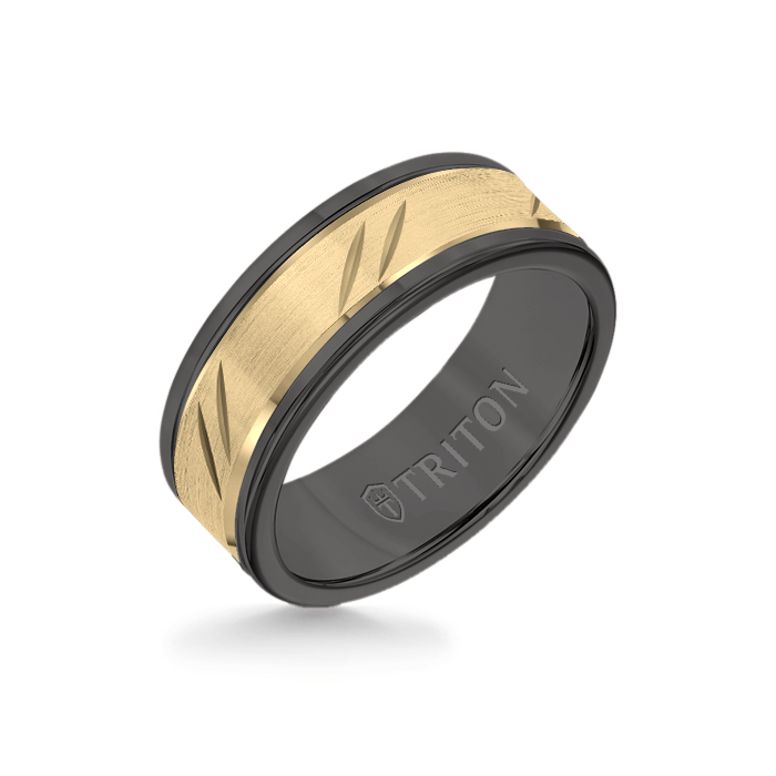 8MM Black Tungsten Carbide Ring - Bevel Diagonal Cut 14K Yellow Gold Insert with Round Edge