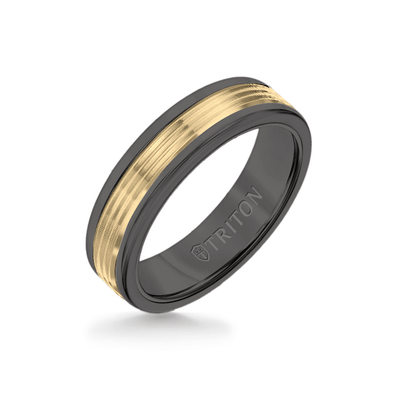 6MM Black Tungsten Carbide Ring - Serrated Engraved 14K Yellow Gold Insert with Round Edge