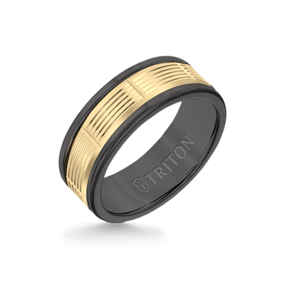 8MM Black Tungsten Carbide Ring - Serrated Vertical Cut 14K Yellow Gold Insert with Round Edge