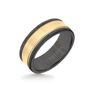 8MM Black Tungsten Carbide Ring - Step Edge 14K Yellow Gold Insert with Round Edge