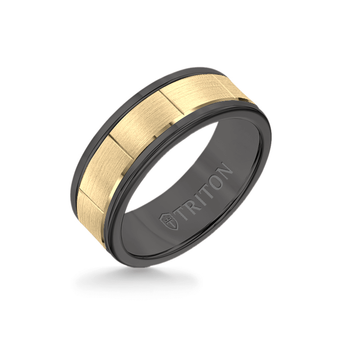 8MM Black Tungsten Carbide - Vertical Cut 14K Yellow Gold insert with Round Edge