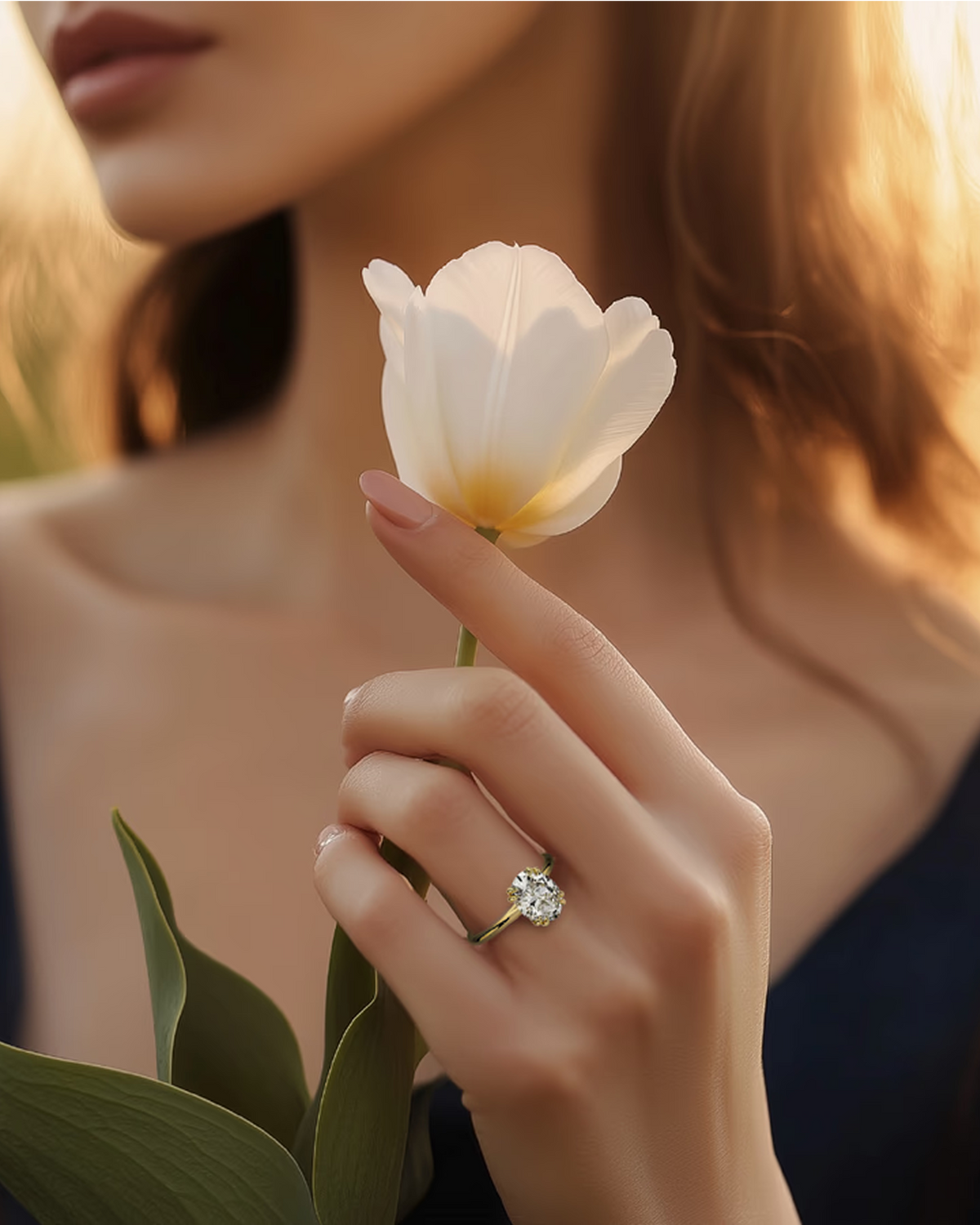 Woman holding a white tulip with a blurred background