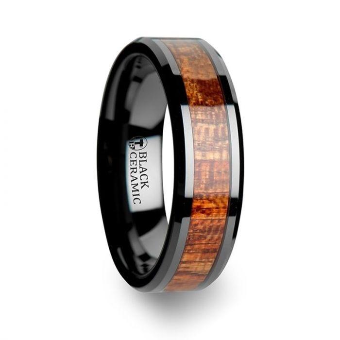 GABON Black Ceramic Band with Polished Bevels and Exotic Mahogany Hard Wood Inlay - 4mm - 10mm - Thorsten Rings