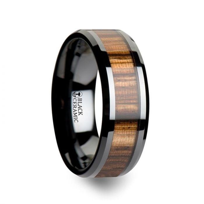 ZEBRANO Black Ceramic Ring with Beveled Edges and Real Zebra Wood Inlay - 4mm - 10mm - Thorsten Rings
