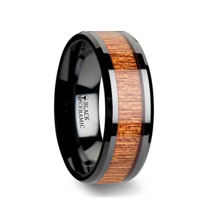 BENIN Black Ceramic Wedding Band with Polished Bevels and African Sapele Wood Inlay - 6mm - 10mm - Thorsten Rings