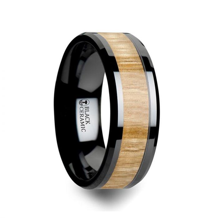 BILTMORE Black Ceramic Ring with Polished Bevels and Ash Wood Inlay - 6mm - 10mm - Thorsten Rings