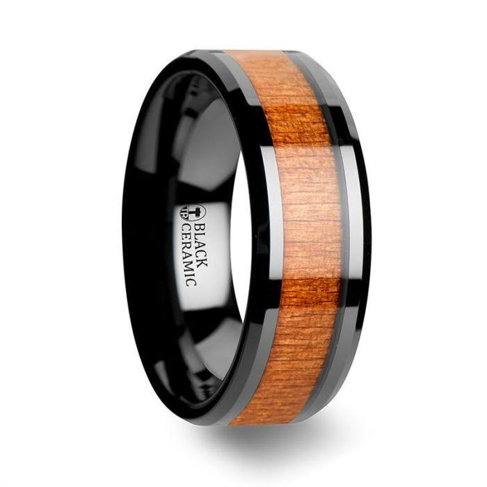 IOWA Black Ceramic Wedding Ring with Polished Bevels and Black Cherry Wood Inlay - 6mm - 10mm - Thorsten Rings