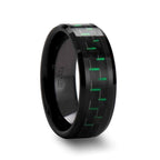 ATILUS Beveled Black Ceramic Wedding Band with Black & Green Carbon Fiber - 8mm - Thorsten Rings