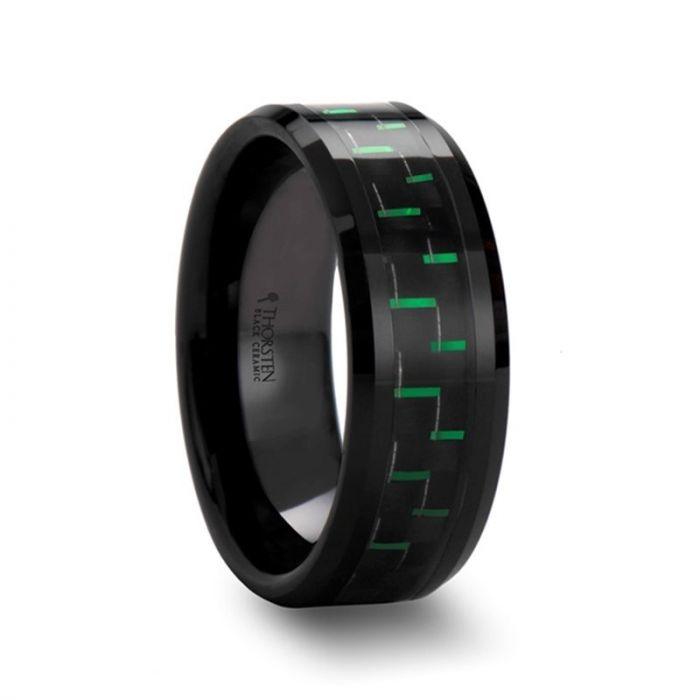 ATILUS Beveled Black Ceramic Wedding Band with Black & Green Carbon Fiber - 8mm - Thorsten Rings