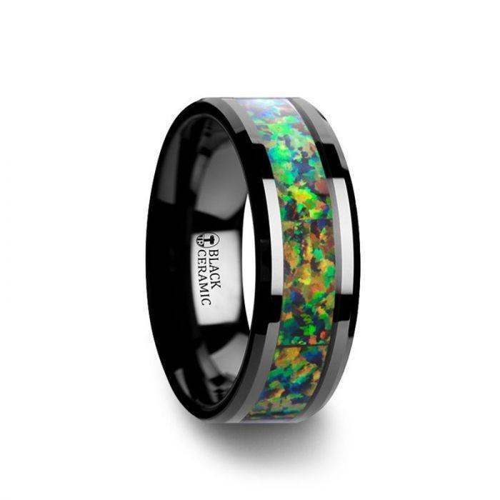 GALACTIC Black Ceramic Wedding Band with Beveled Edges and Blue & Orange Opal Inlay - 8mm - Thorsten Rings