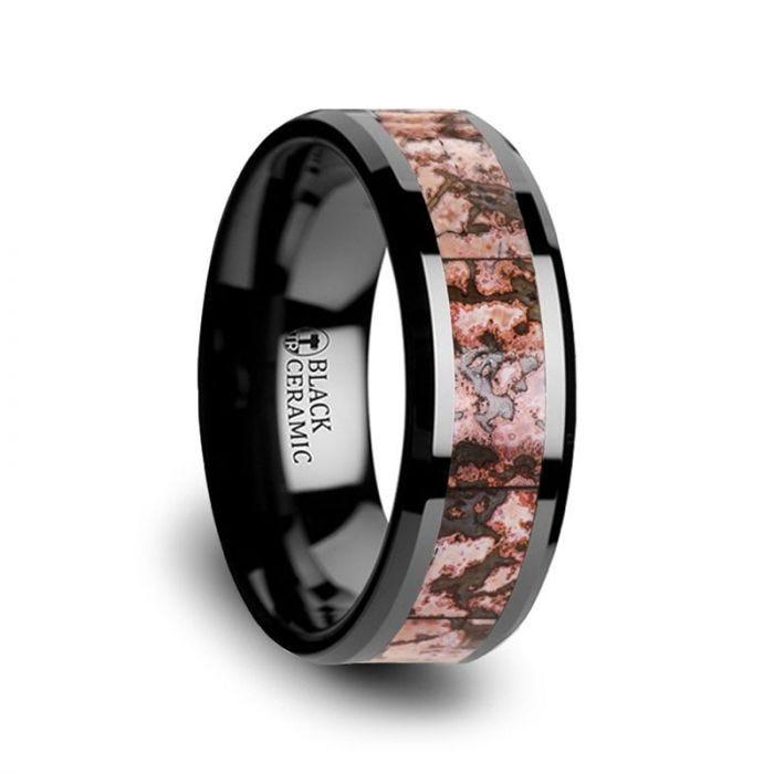 CAMBRIAN Pink Dinosaur Bone Inlaid Black Ceramic Beveled Edged Ring - 4mm & 8mm - Thorsten Rings