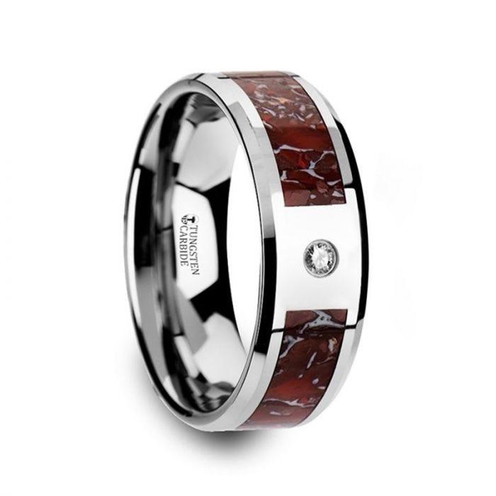 Red Dinosaur Bone Inlaid Tungsten Carbide Diamond Wedding Band with Beveled Edges - 8mm - Thorsten Rings