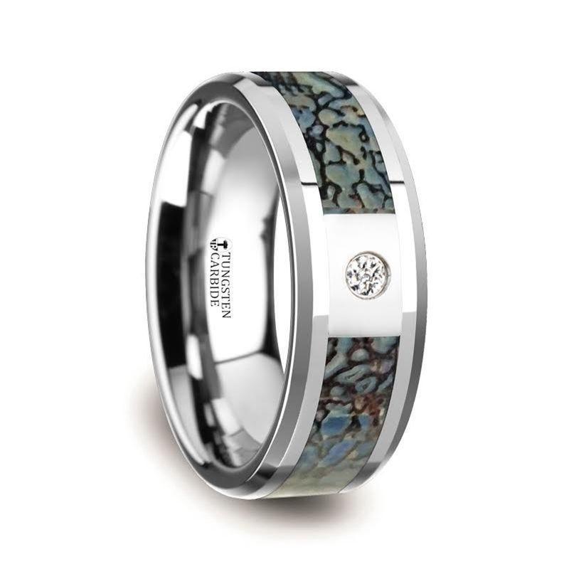 Blue Dinosaur Bone Inlaid Tungsten Carbide Diamond Wedding Band with Beveled Edges - 8mm - Thorsten Rings