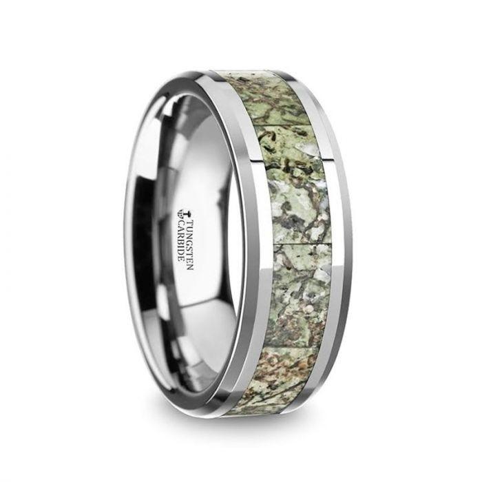 TARGARYEN Men’s Tungsten Wedding Band with Green Dinosaur Bone Inlay & Beveled Edges - 8mm - Thorsten Rings