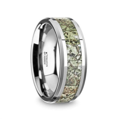 TARGARYEN Men’s Tungsten Wedding Band with Green Dinosaur Bone Inlay & Beveled Edges - 8mm