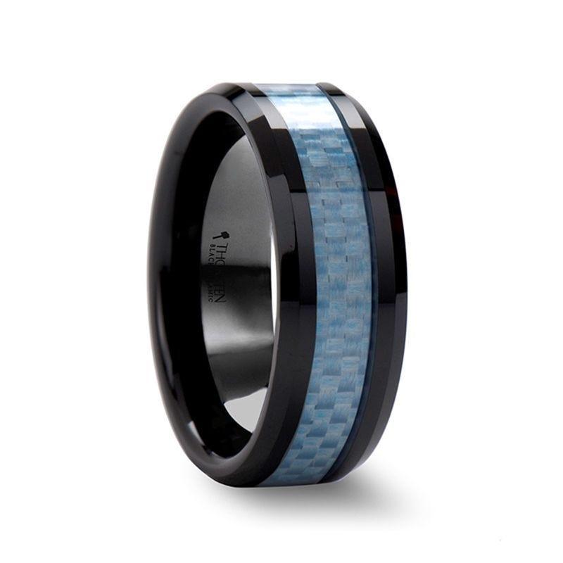 ATTICUS Beveled Blue Carbon Fiber Inlaid Black Ceramic Ring - 8mm - Thorsten Rings