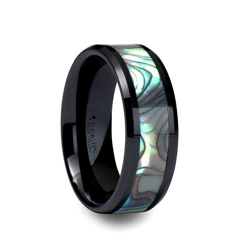 OAHU Beveled Black Ceramic Ring with Shell Inlay - 8mm - Thorsten Rings