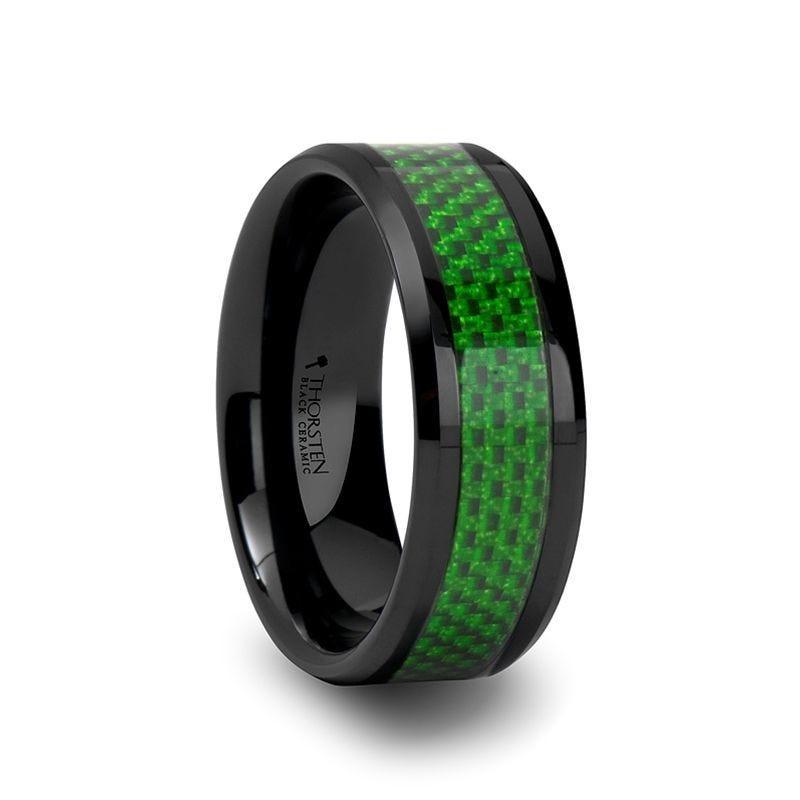 MATLAL Beveled Black Ceramic Ring with Emerald Green Carbon Fiber Inlay - 8mm - Thorsten Rings