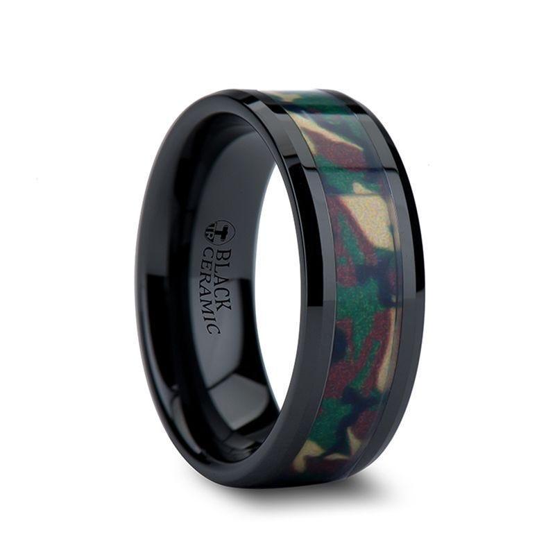RANGER Beveled Black Ceramic Wedding Ring with Real Military Style Jungle Camo - 6mm - 10mm - Thorsten Rings