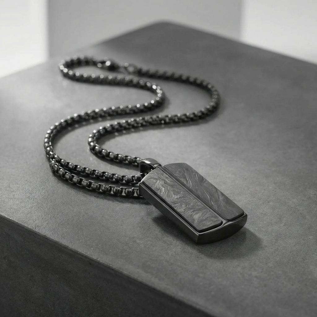 Stainless Steel Pendant with Carbon Fiber Inlay and 22 Inch Matching Chain