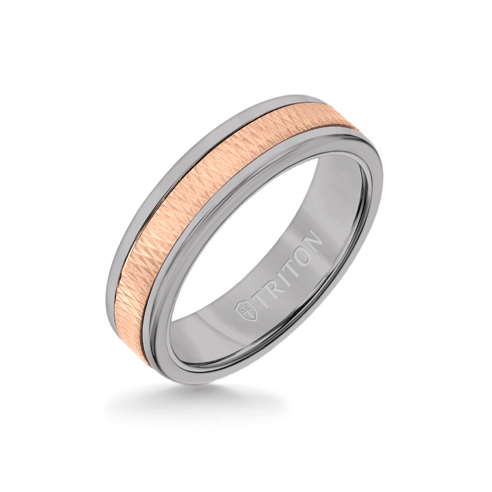 6MM Grey Tungsten Carbide Ring - Criss Cross 14K Rose Gold Insert with Round Edge