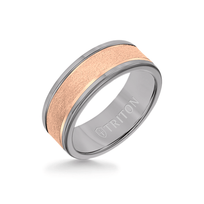 8MM Grey Tungsten Carbide Ring - Crystalline 14K Rose Gold Insert with Round Edge