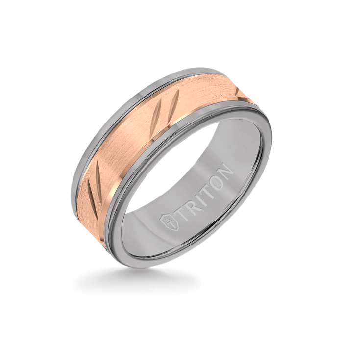 8MM Grey Tungsten Carbide Ring - Bevel Diagonal Cut 14K Rose Gold Insert with Round Edge