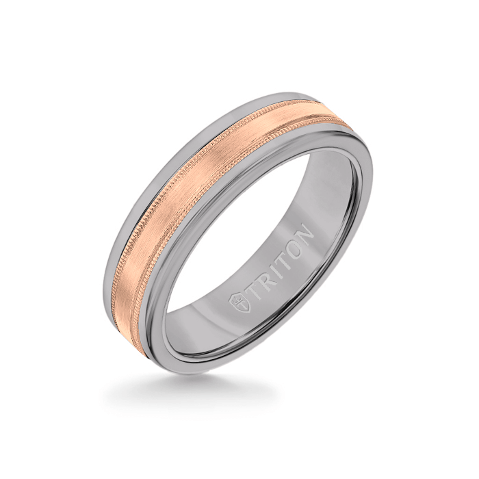 6MM Grey Tungsten Carbide Ring - Flat Milgrain 14K Rose Gold Insert with Round Edge