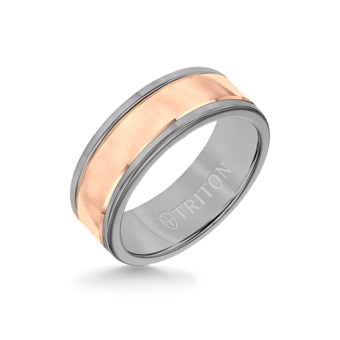 8MM Grey Tungsten Carbide Ring - Linear 14K Rose Gold Insert with Round Edge