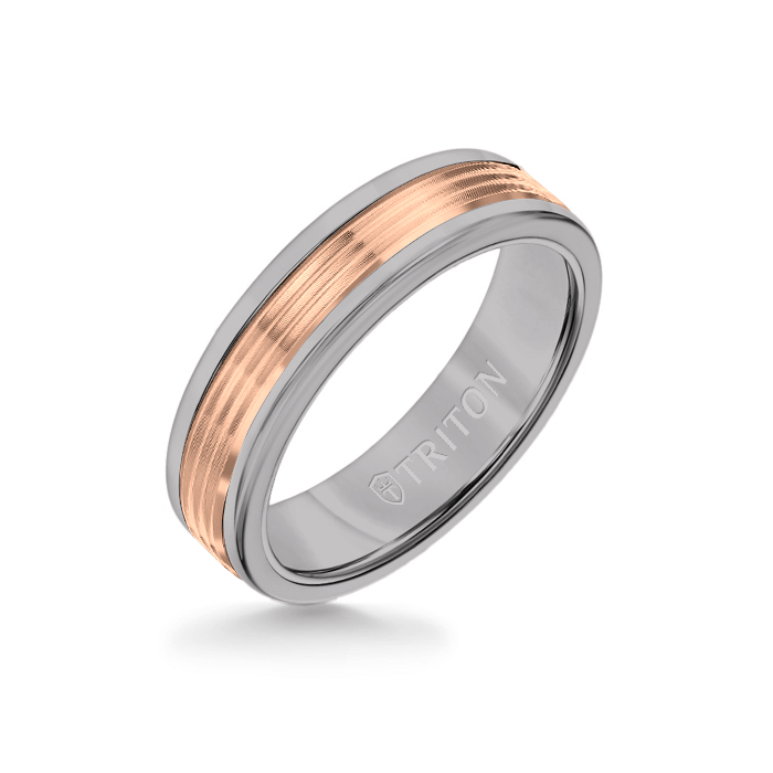 6MM Grey Tungsten Carbide Ring - Serrated Engraved 14K Rose Gold Insert with Round Edge