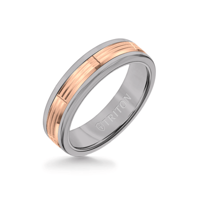 6MM Grey Tungsten Carbide Ring - Serrated Vertical Cut 14K Rose Gold Insert with Round Edge