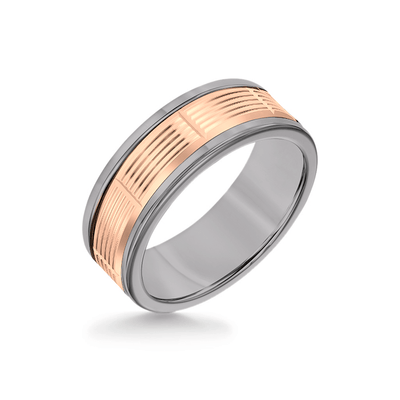 8MM Grey Tungsten Carbide Ring - Serrated Vertical Cut 14K Rose Gold Insert with Round Edge