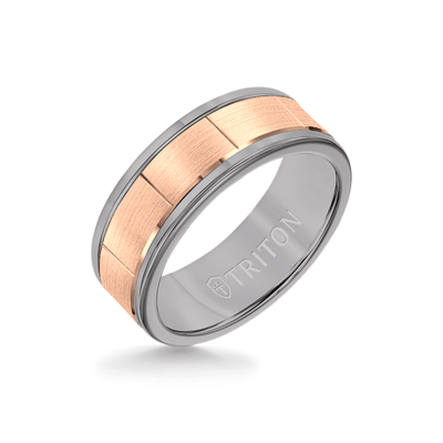 8MM Grey Tungsten Carbide - Vertical Cut 14K Rose Gold insert with Round Edge