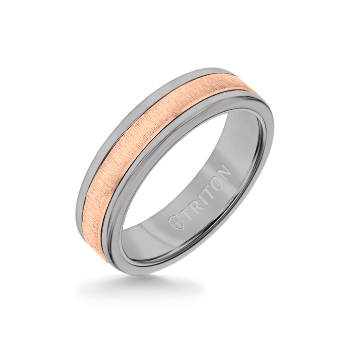 6MM Grey Tungsten Carbide Ring - Vertical Satin 14K Rose Gold Insert with Round Edge