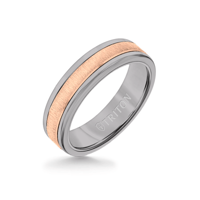 6MM Grey Tungsten Carbide Ring - Vertical Satin 14K Rose Gold Insert with Round Edge