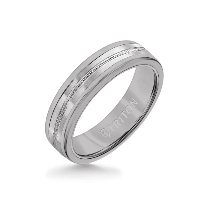 6MM Grey Tungsten Carbide Ring - Center Milgrain 14K White Gold Insert with Round Edge