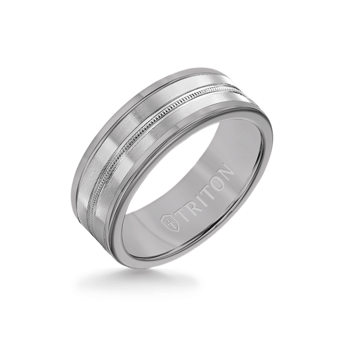 8MM Grey Tungsten Carbide Ring - Center Milgrain 14K White Gold Insert with Round Edge
