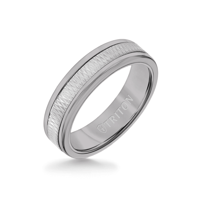 6MM Grey Tungsten Carbide Ring - Criss Cross 14K White Gold Insert with Round Edge