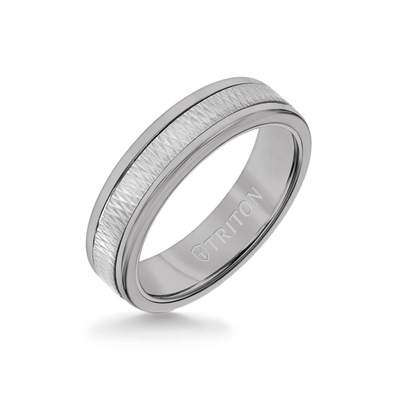 6MM Grey Tungsten Carbide Ring - Criss Cross 14K White Gold Insert with Round Edge