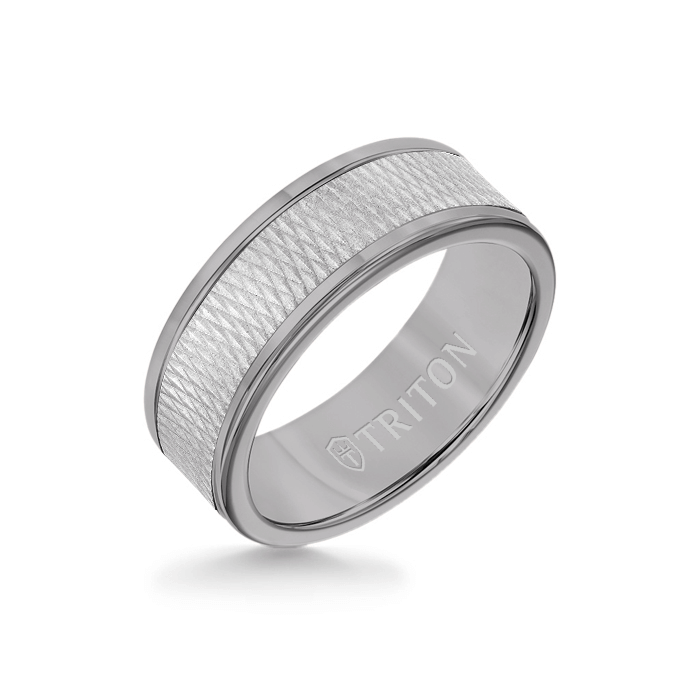 8MM Grey Tungsten Carbide Ring - Criss Cross 14K White Gold Insert with Round Edge