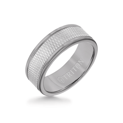 8MM Grey Tungsten Carbide Ring - Criss Cross 14K White Gold Insert with Round Edge