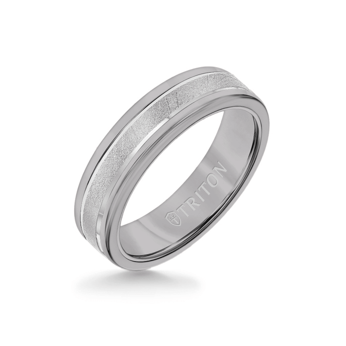 6MM Grey Tungsten Carbide Ring - Crystalline 14K White Gold Insert with Round Edge