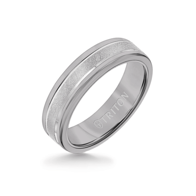 6MM Grey Tungsten Carbide Ring - Crystalline 14K White Gold Insert with Round Edge