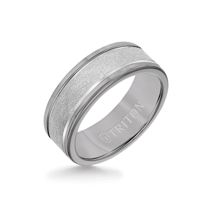 8MM Grey Tungsten Carbide Ring - Crystalline 14K White Gold Insert with Round Edge