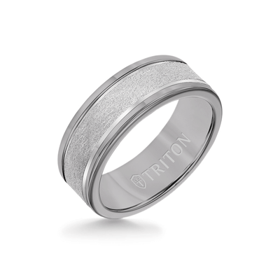 8MM Grey Tungsten Carbide Ring - Crystalline 14K White Gold Insert with Round Edge