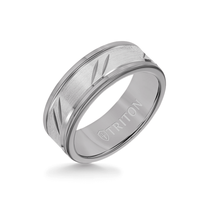 8MM Grey Tungsten Carbide Ring - Bevel Diagonal Cut 14K White Gold Insert with Round Edge