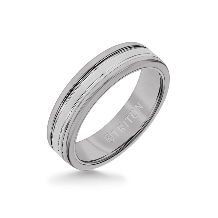 6MM Grey Tungsten Carbide Ring - Double Engraved 14K White Gold Insert with Round Edge