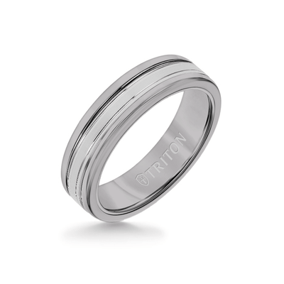 6MM Grey Tungsten Carbide Ring - Double Engraved 14K White Gold Insert with Round Edge